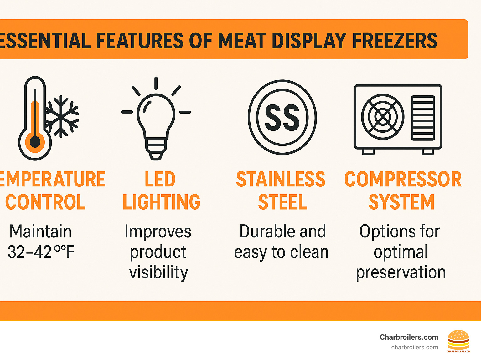 Essential features of meat display freezers showing temperature control (32-42°F), LED lighting benefits, stainless steel construction advantages, and compressor system options for optimal meat preservation and sales - display freezer for meat shop infographic Essential features of meat display freezers showing temperature control (32-42°F), LED lighting benefits, stainless steel construction advantages, and compressor system options for optimal meat preservation and sales - display freezer for meat shop infographic