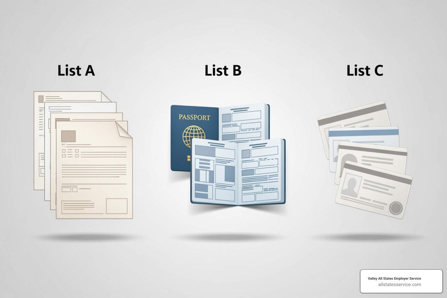 Lists of Acceptable Documents from the I-9 form, showing List A, List B, and List C - filling out an i 9 employer Lists of Acceptable Documents from the I-9 form, showing List A, List B, and List C - filling out an i 9 employer
