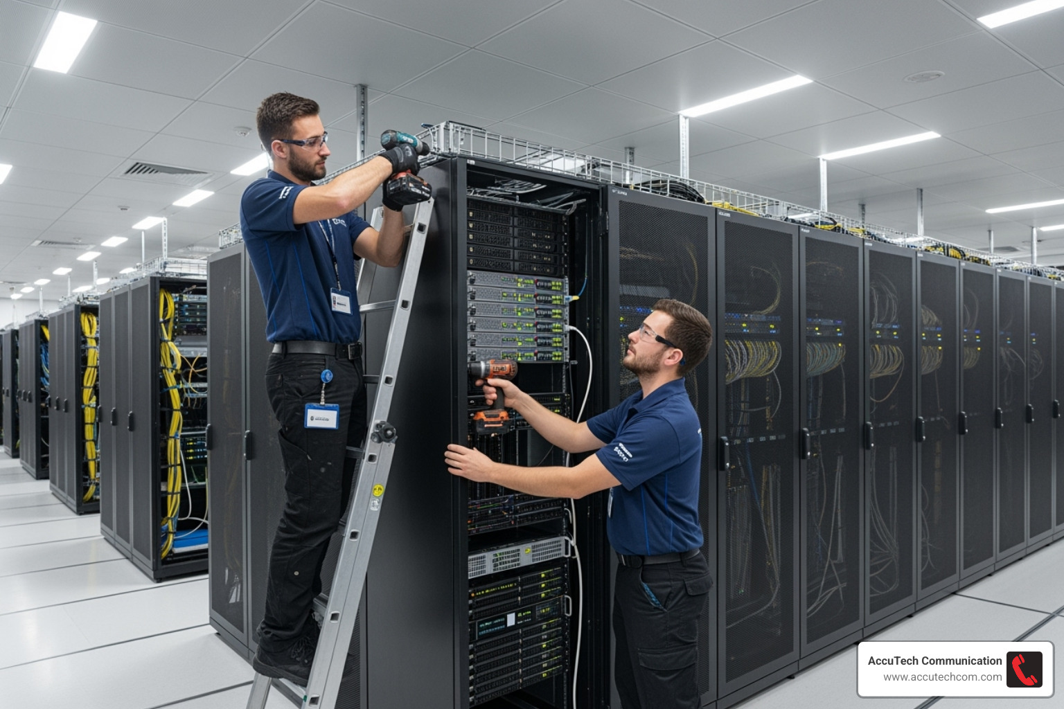 technicians installing server racks in a data center - data center installation companies