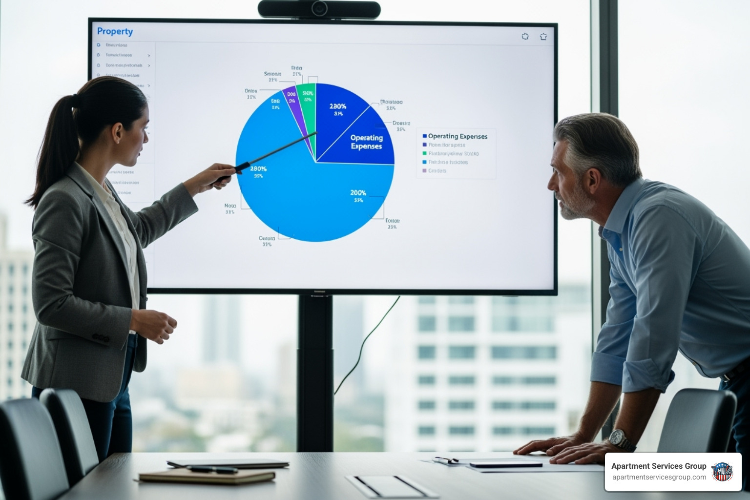 property manager explaining a pie chart on a screen to a property owner - Financial property management