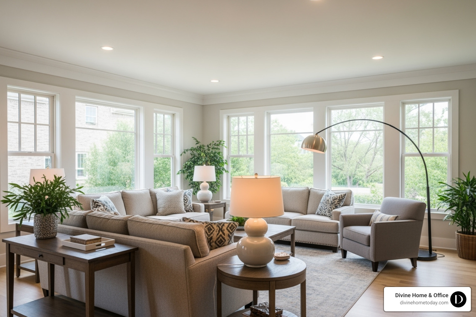 A living room showcasing layered lighting with lamps, overhead fixtures, and abundant natural light - staging living room furniture