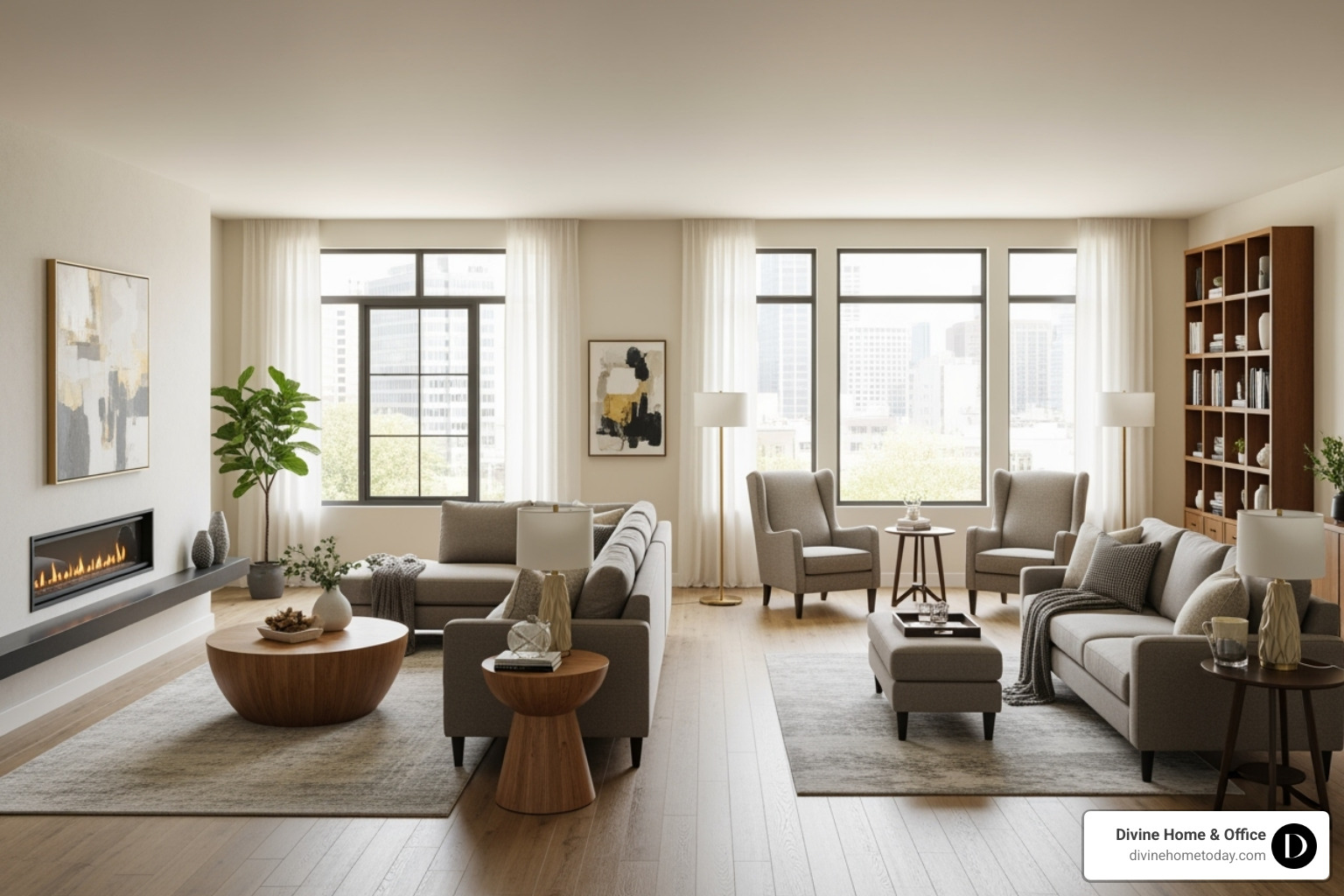 A living room with a "floating" furniture arrangement creating clear walkways and conversational zones - staging living room furniture