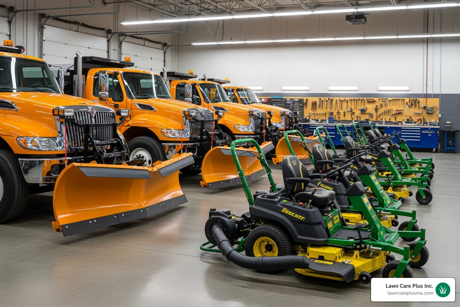 A fleet of modern, clean plow trucks and lawn care equipment, ready for service - commercial lawn care and snow removal A fleet of modern, clean plow trucks and lawn care equipment, ready for service - commercial lawn care and snow removal