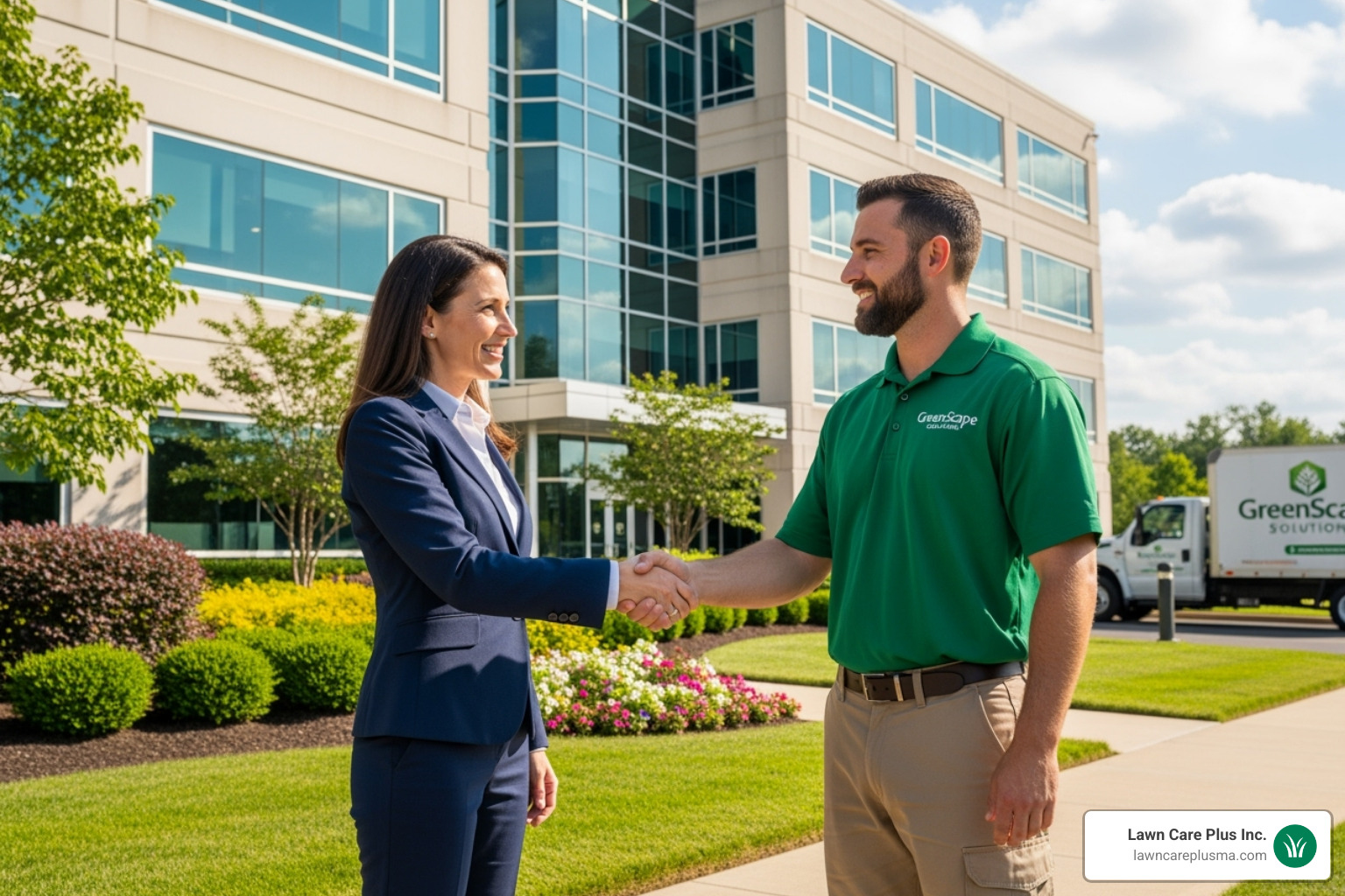 A property manager shaking hands with a uniformed landscaping professional in front of a well-maintained building, symbolizing a strong partnership and trust - commercial lawn care and snow removal A property manager shaking hands with a uniformed landscaping professional in front of a well-maintained building, symbolizing a strong partnership and trust - commercial lawn care and snow removal