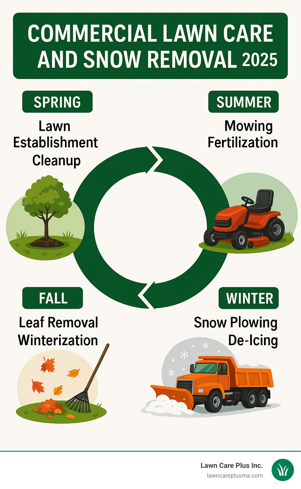 Infographic showing the seasonal cycle of commercial property maintenance, from spring lawn establishment and cleanup through summer mowing and fertilization, fall leaf removal and winterization, to winter snow plowing and de-icing services, with key tasks and timing for each season - commercial lawn care and snow removal infographic Infographic showing the seasonal cycle of commercial property maintenance, from spring lawn establishment and cleanup through summer mowing and fertilization, fall leaf removal and winterization, to winter snow plowing and de-icing services, with key tasks and timing for each season - commercial lawn care and snow removal infographic