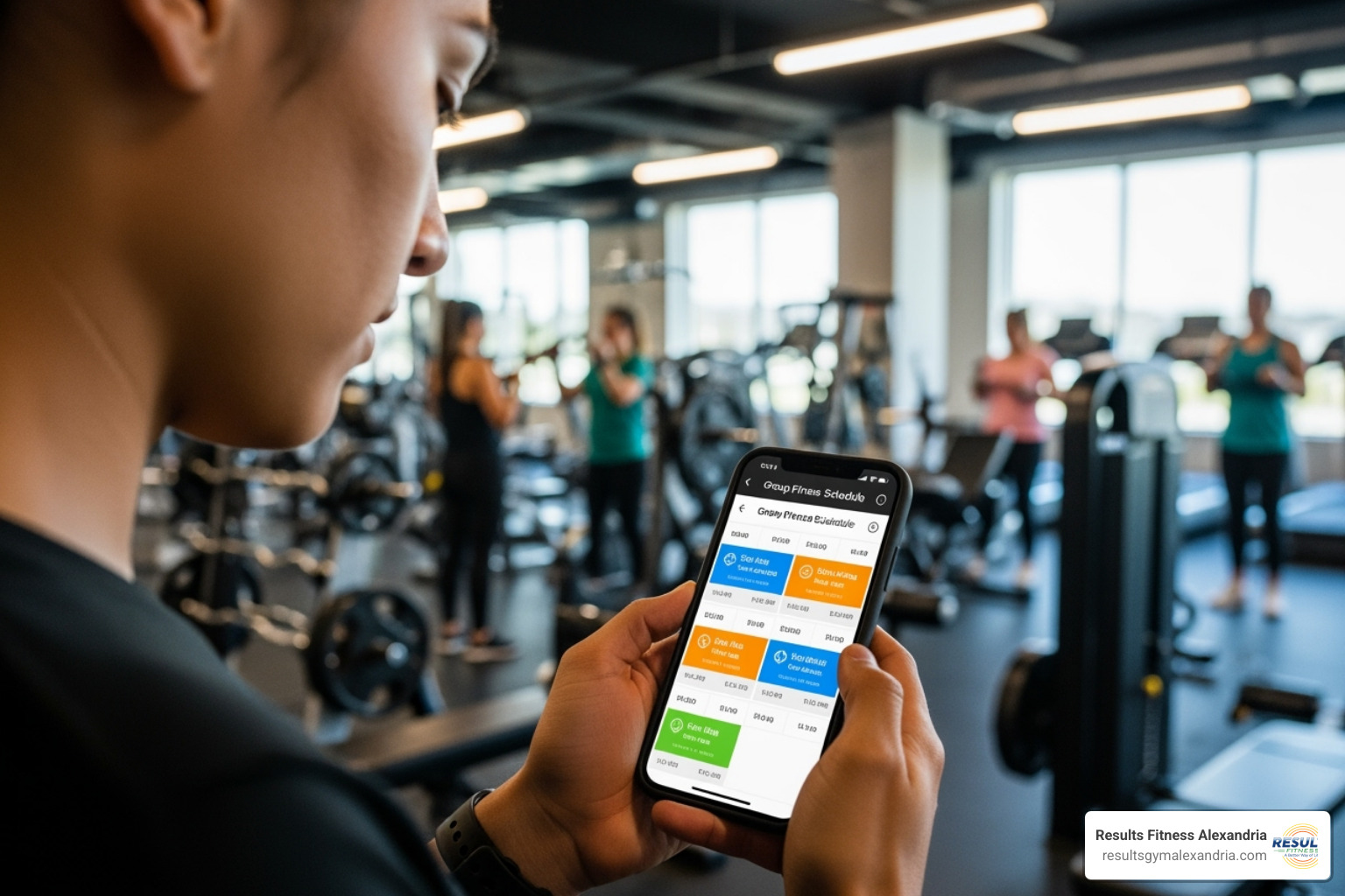 a person looking at a group fitness schedule on their phone - aerobic classes in my area