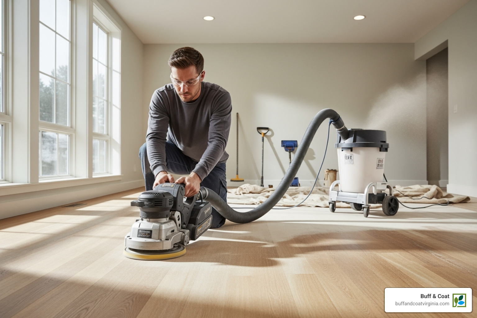 professional using dustless sanding equipment - wood floor finish repair professional using dustless sanding equipment - wood floor finish repair