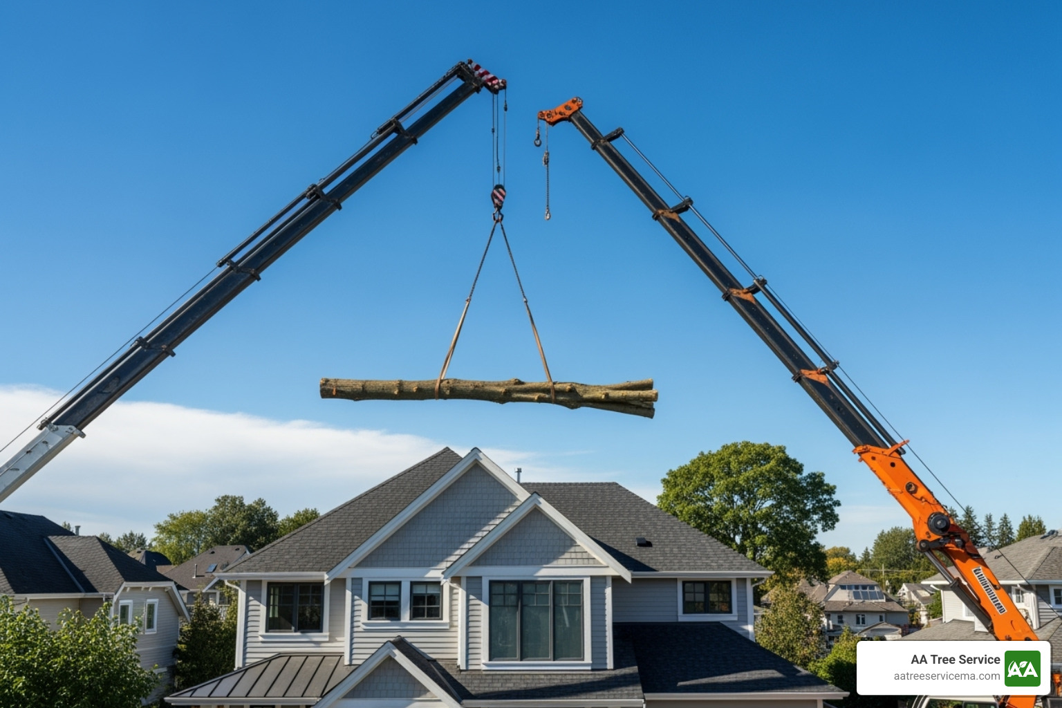 crane lifting a large tree section over a roof - landscaping tree removal crane lifting a large tree section over a roof - landscaping tree removal