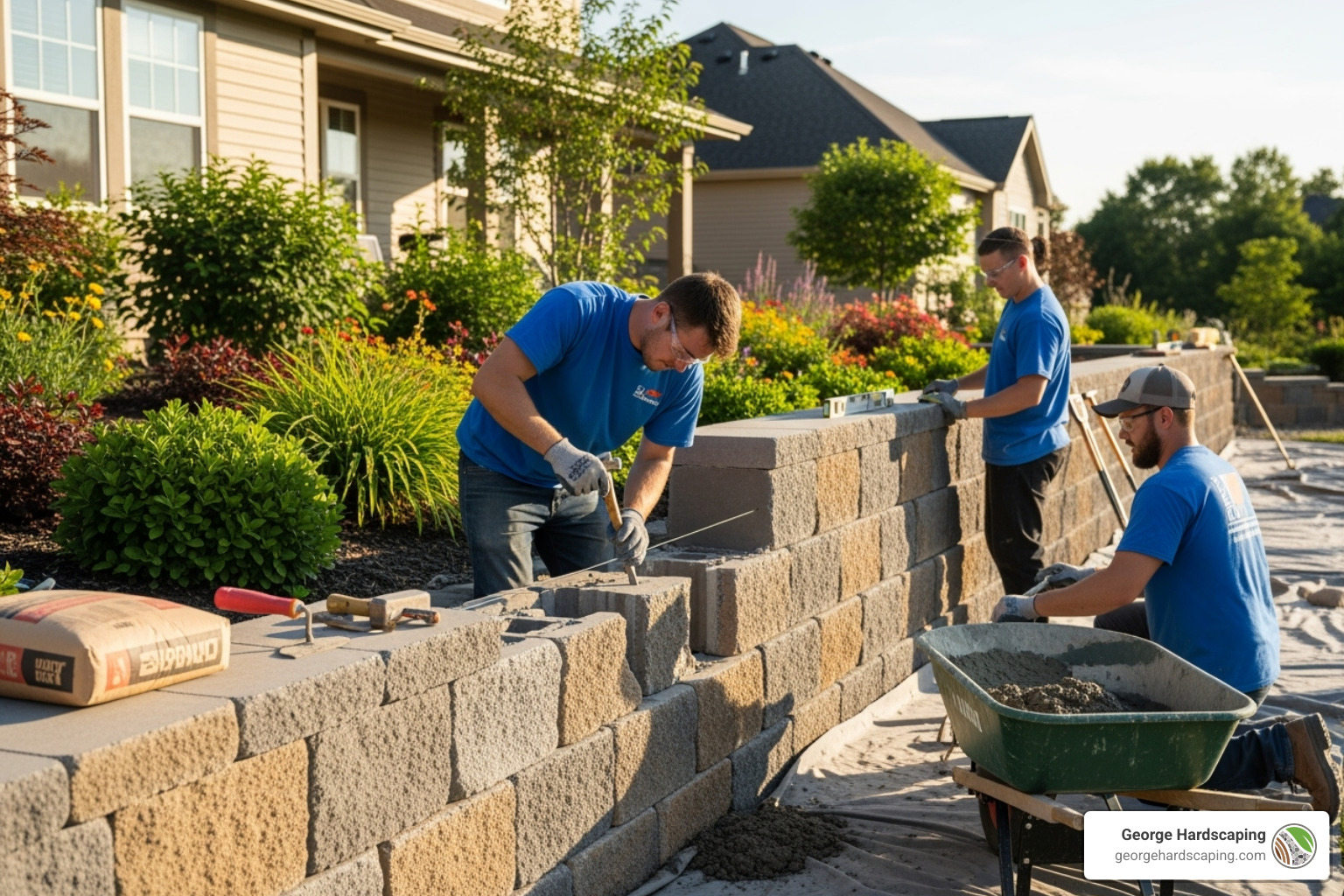 George Hardscaping team professionally repairing a retaining wall in a residential setting, ensuring structural integrity and aesthetic appeal. - leaning retaining wall repair cost