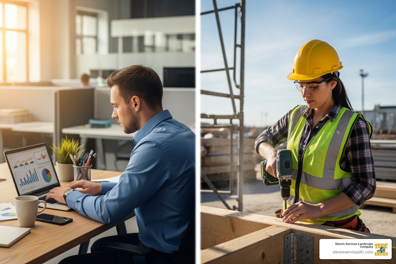 split-screen showing an office employee at a desk and a contractor working on-site - what is a contractor split-screen showing an office employee at a desk and a contractor working on-site - what is a contractor