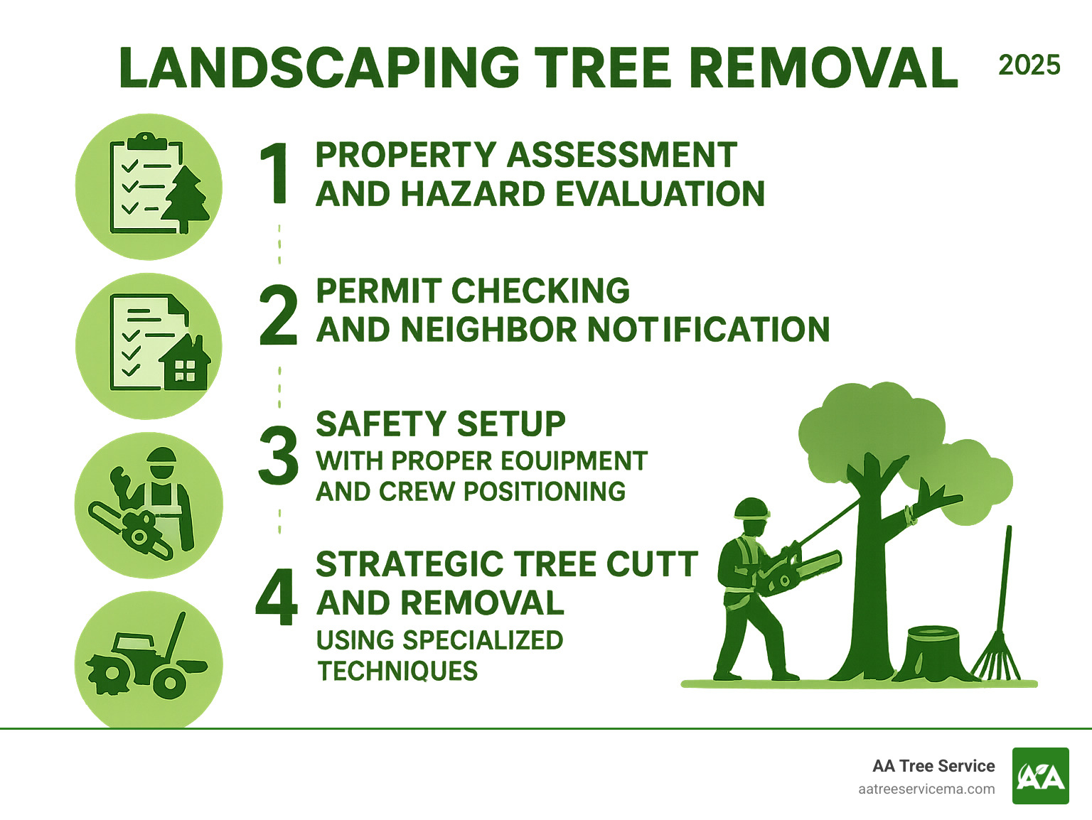 Infographic showing the 5 key steps of professional landscaping tree removal: 1) Property assessment and hazard evaluation, 2) Permit checking and neighbor notification, 3) Safety setup with proper equipment and crew positioning, 4) Strategic tree cutting and removal using specialized techniques, 5) Site cleanup, stump grinding, and landscape restoration - landscaping tree removal infographic Infographic showing the 5 key steps of professional landscaping tree removal: 1) Property assessment and hazard evaluation, 2) Permit checking and neighbor notification, 3) Safety setup with proper equipment and crew positioning, 4) Strategic tree cutting and removal using specialized techniques, 5) Site cleanup, stump grinding, and landscape restoration - landscaping tree removal infographic