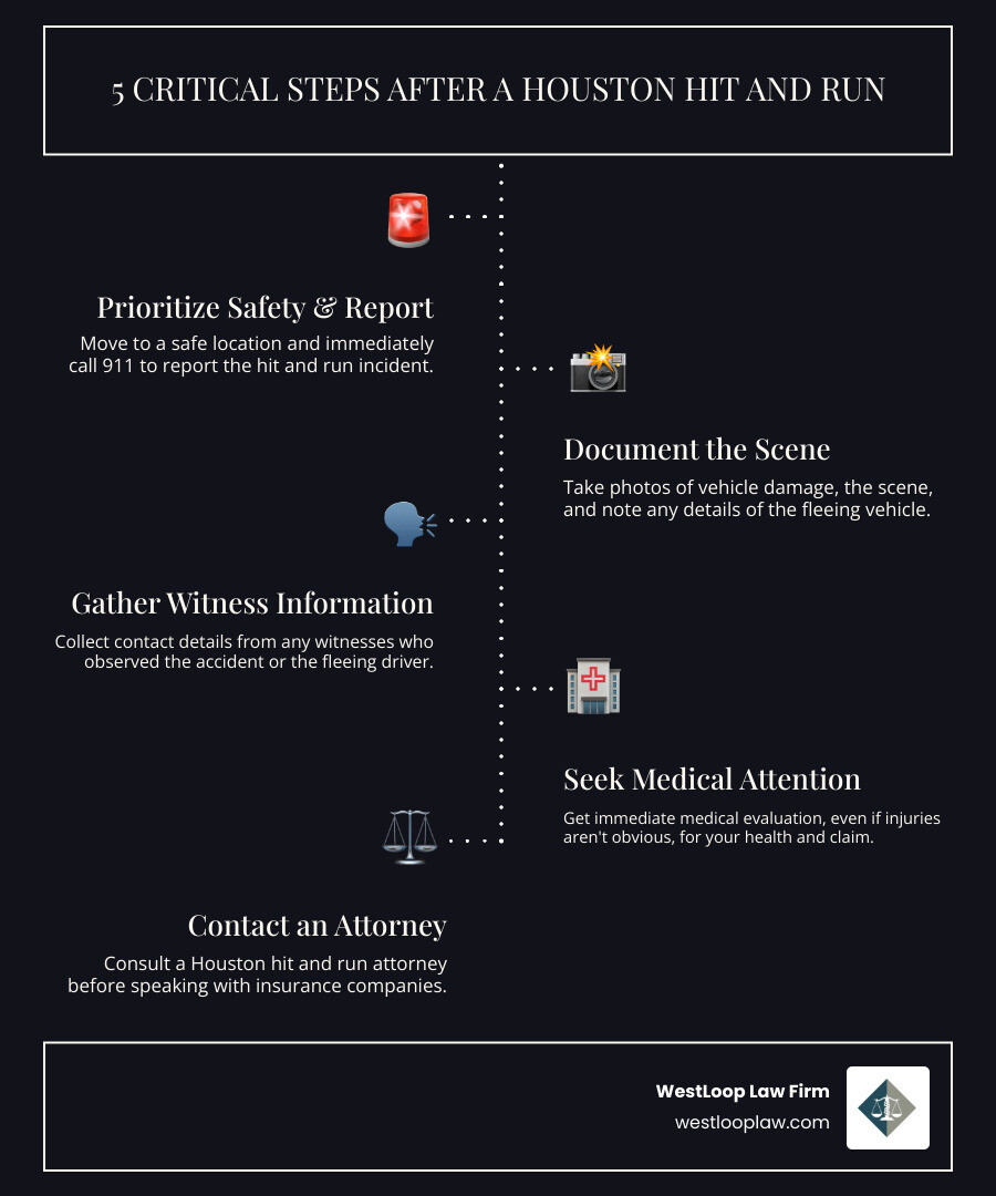 Infographic showing the first 5 critical steps after a Houston hit and run: 1) Move to safety and call 911, 2) Document the fleeing vehicle and scene with photos, 3) Gather witness contact information, 4) Seek immediate medical attention even if you feel fine, 5) Contact a Houston hit and run attorney before speaking to insurance companies - houston hit and run attorney infographic infographic-line-5-steps-dark