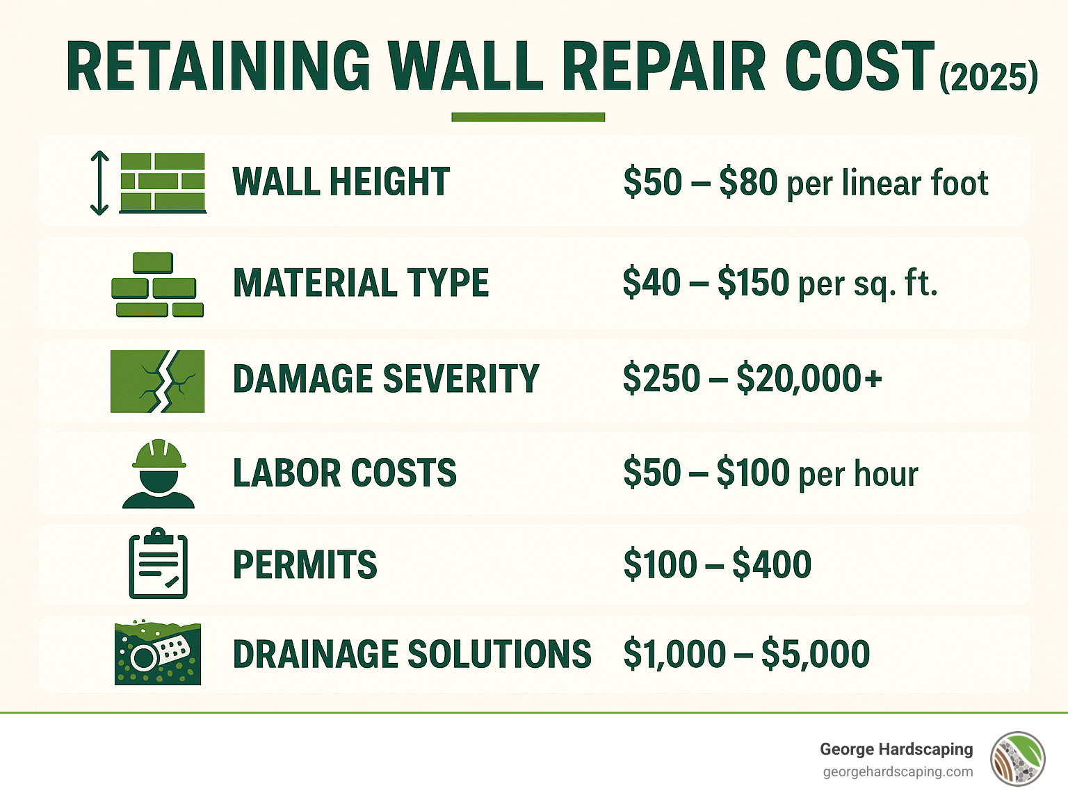 Comprehensive breakdown of retaining wall repair costs including factors like wall height, material type, damage severity, labor costs, permits, and drainage solutions with specific price ranges for each component - leaning retaining wall repair cost infographic 