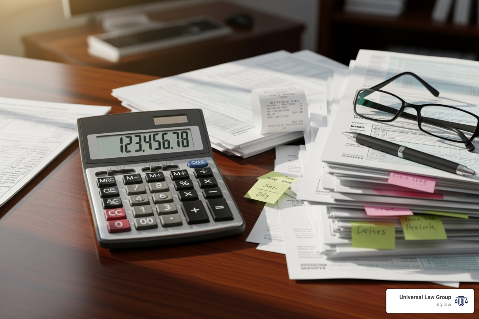 A calculator displaying numbers, with stacks of documents labeled "Damages" and "Loss" beside it. - wrongful death medical malpractice settlement amounts