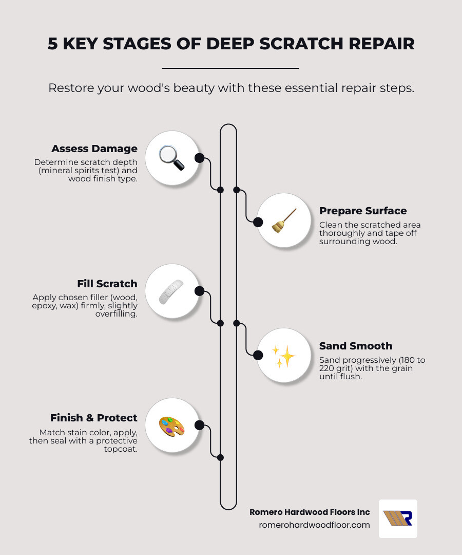Infographic showing the 5 key stages of deep scratch repair: Stage 1 - Assess the damage depth and wood type, Stage 2 - Prepare the surface by cleaning and taping, Stage 3 - Fill the scratch with appropriate filler material, Stage 4 - Sand progressively from 180 to 220 grit for smooth finish, Stage 5 - Finish with matching stain and protective sealant - filling deep scratches in wood infographic infographic-line-5-steps-neat_beige