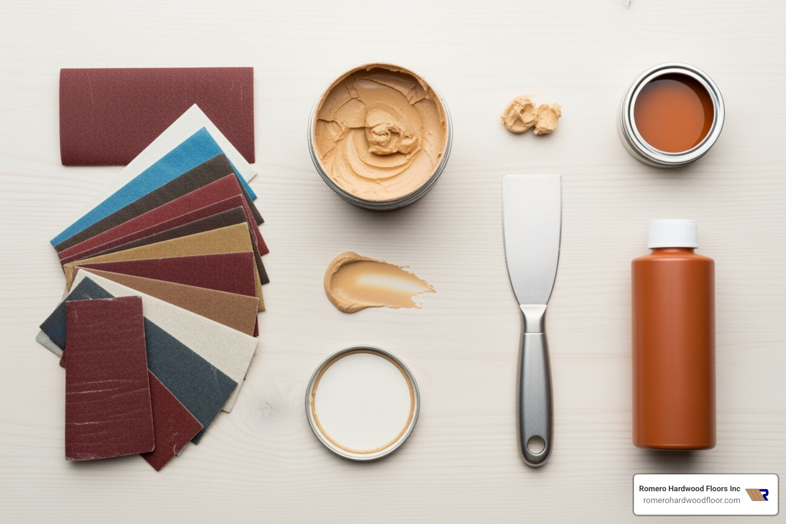 All the necessary tools and materials laid out neatly - filling deep scratches in wood