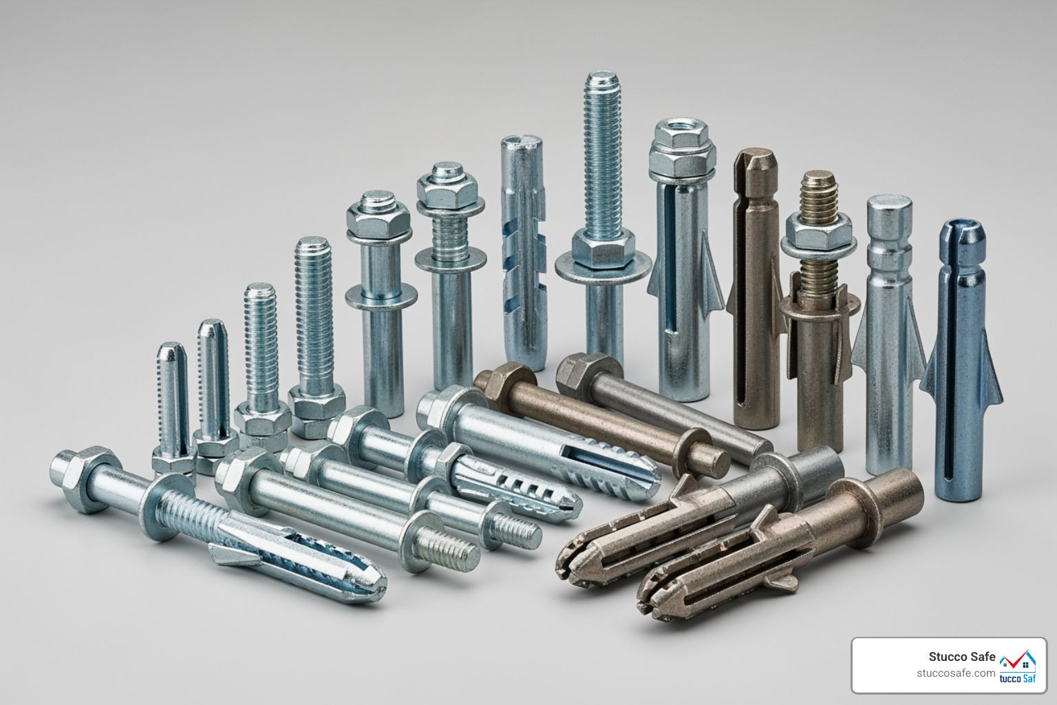 Various metal sleeve anchors and wedge anchors in different sizes - anchor bolts for stucco Various metal sleeve anchors and wedge anchors in different sizes - anchor bolts for stucco
