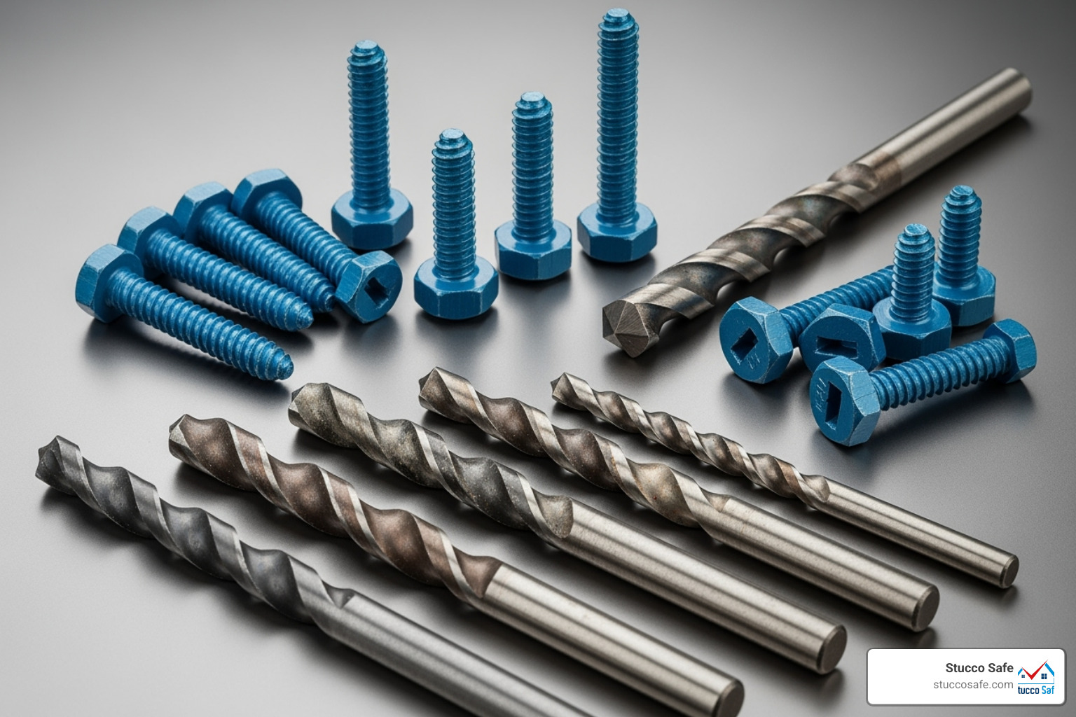 Assortment of blue concrete screws (Tapcon style) and masonry drill bits - anchor bolts for stucco Assortment of blue concrete screws (Tapcon style) and masonry drill bits - anchor bolts for stucco