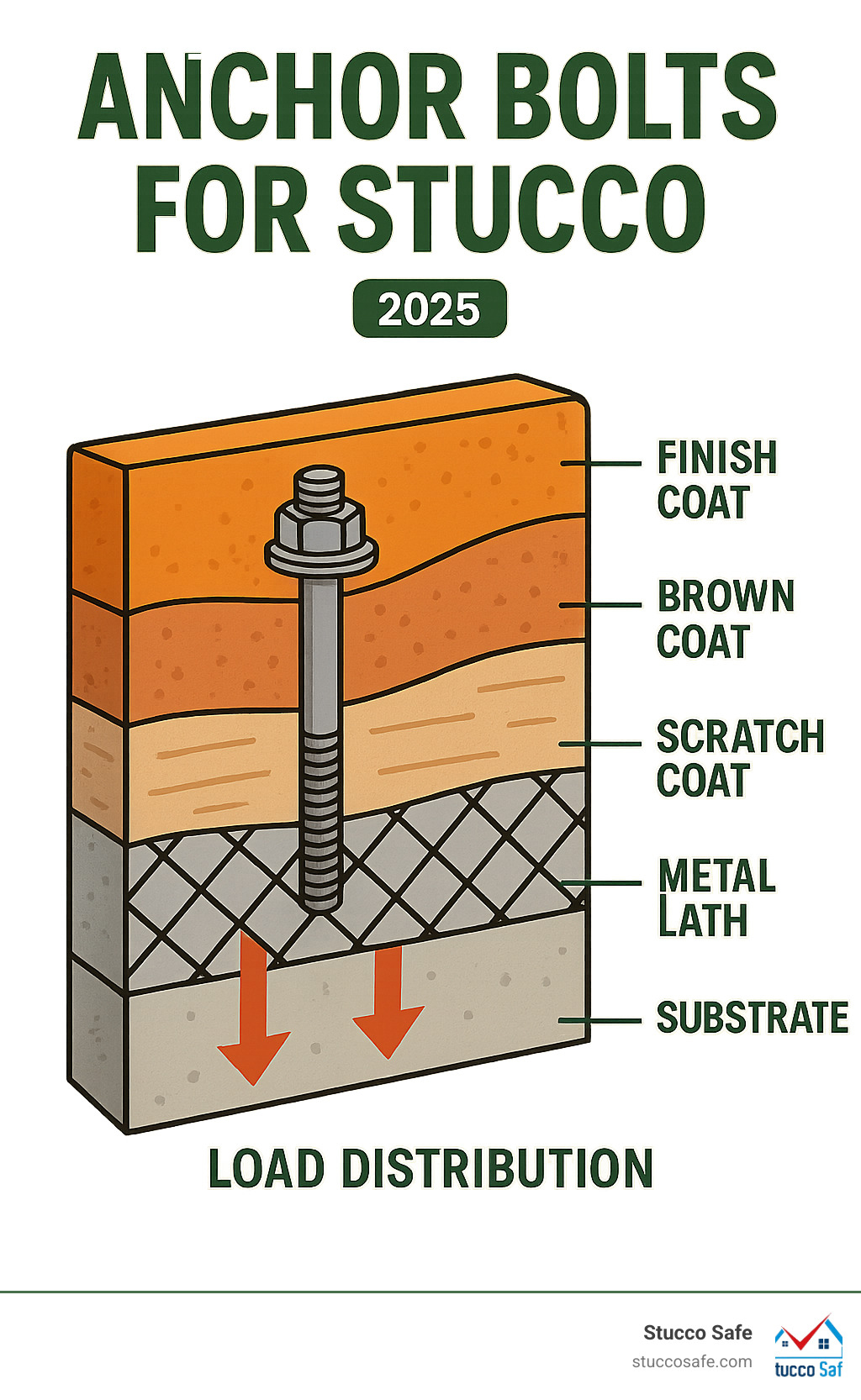 Infographic showing cross-section of stucco wall layers including finish coat, brown coat, scratch coat, metal lath, and substrate, with arrows indicating proper anchor bolt placement and load distribution through each layer - anchor bolts for stucco infographic Infographic showing cross-section of stucco wall layers including finish coat, brown coat, scratch coat, metal lath, and substrate, with arrows indicating proper anchor bolt placement and load distribution through each layer - anchor bolts for stucco infographic
