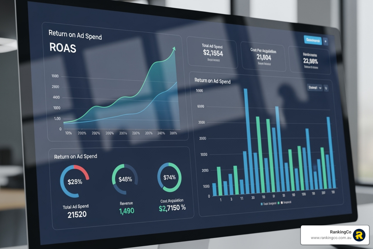 Marketing dashboard showing high ROAS and positive conversion trends - google advertising brisbane