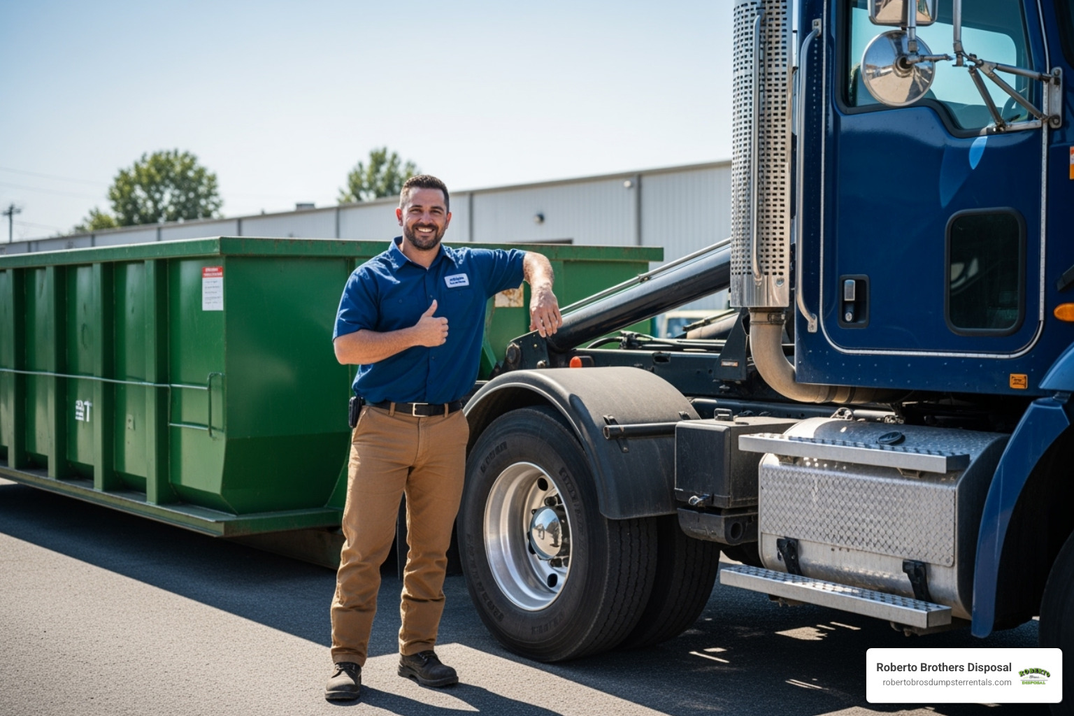 friendly dumpster delivery driver giving a thumbs-up - roll away dumpsters for rent near me friendly dumpster delivery driver giving a thumbs-up - roll away dumpsters for rent near me