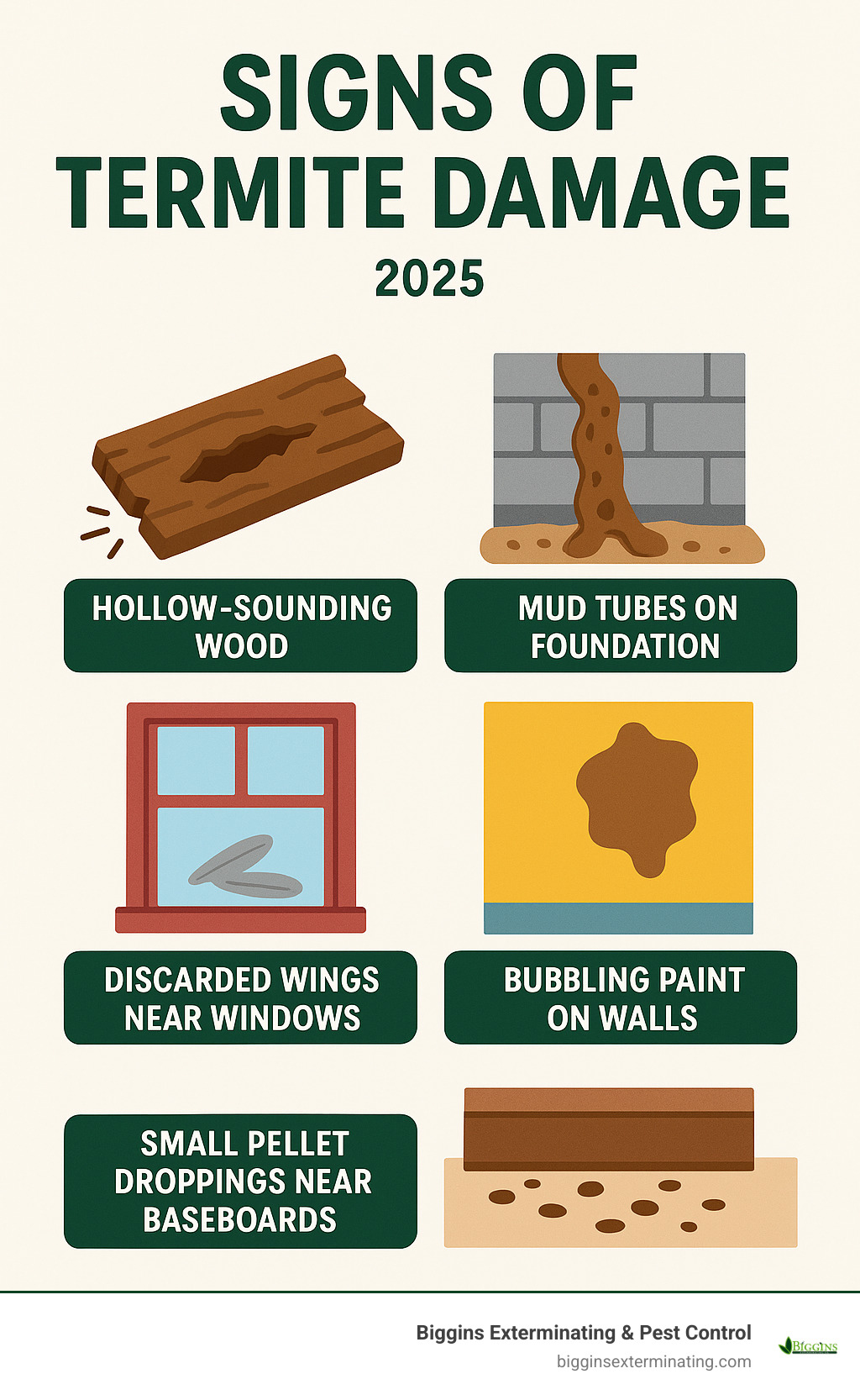 Infographic showing the top 5 signs of termite infestation: hollow-sounding wood, mud tubes on foundation, discarded wings near windows, bubbling paint on walls, and small pellet droppings near baseboards - signs of termite damage infographic 