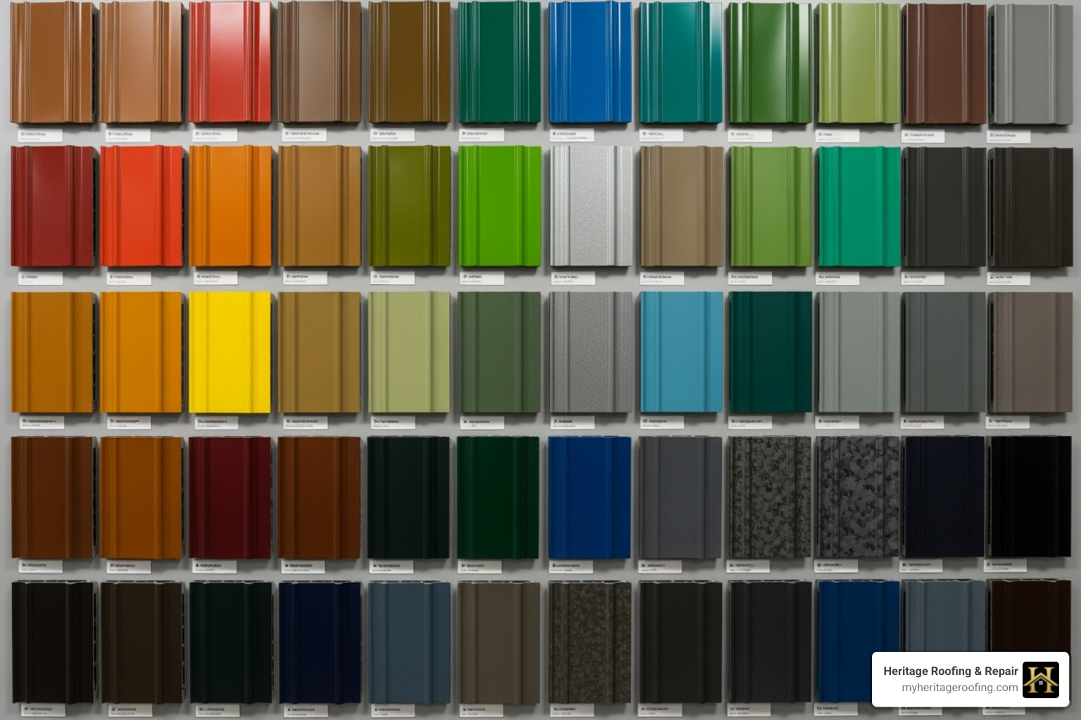 A gallery of metal roof color swatches, showing various shades and finishes available for residential metal roofing projects - residential metal roof replacement