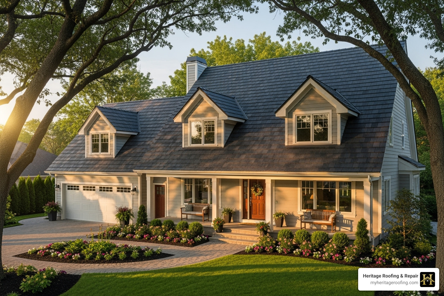 A beautiful home with a stone-coated steel roof that perfectly mimics the look of traditional asphalt shingles, offering both aesthetic appeal and improved durability - residential metal roof replacement