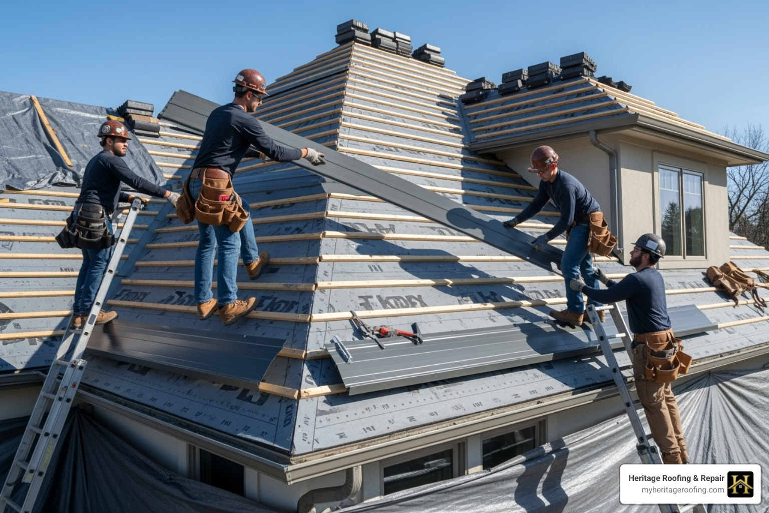 A professional roofing crew carefully installing new metal panels on a residential roof, demonstrating precision and teamwork - residential metal roof replacement