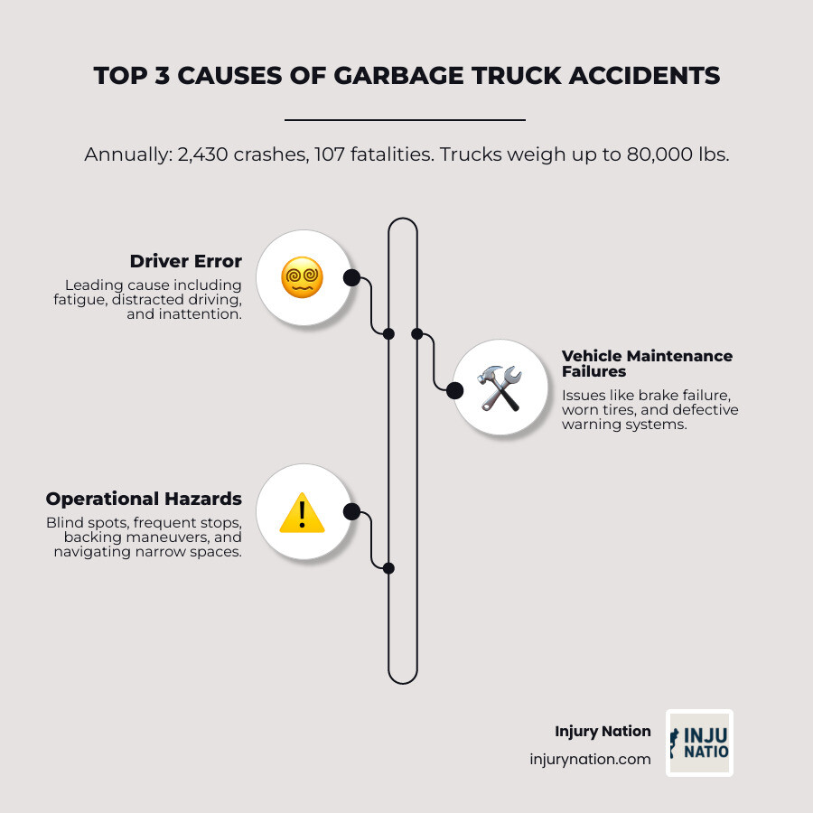 Infographic showing the top 3 causes of garbage truck accidents: 1) Driver error including fatigue and distraction (leading cause), 2) Vehicle maintenance failures such as brake problems and worn tires, 3) Operational hazards like blind spots and frequent backing maneuvers, along with key statistics showing 2,430 annual crashes, 107 fatalities, and the 80,000 lb weight of fully loaded trucks - Garbage truck accident infographic infographic-line-3-steps-neat_beige