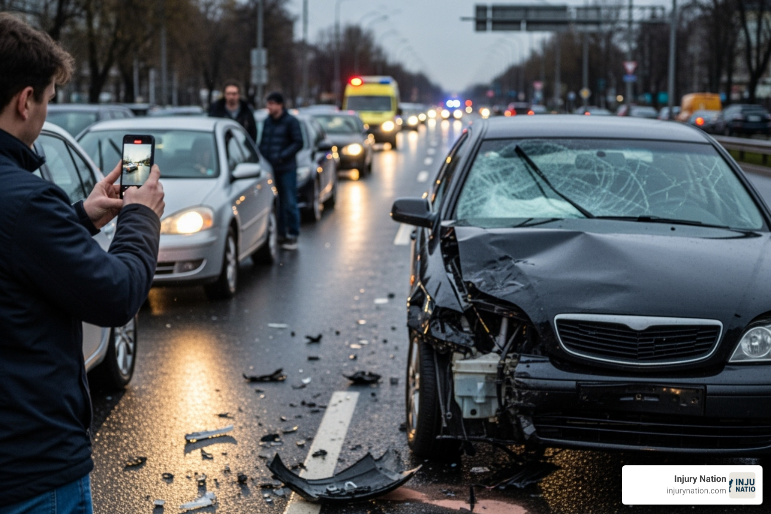 Image of a person taking photos of an accident scene with their phone - Garbage truck accident