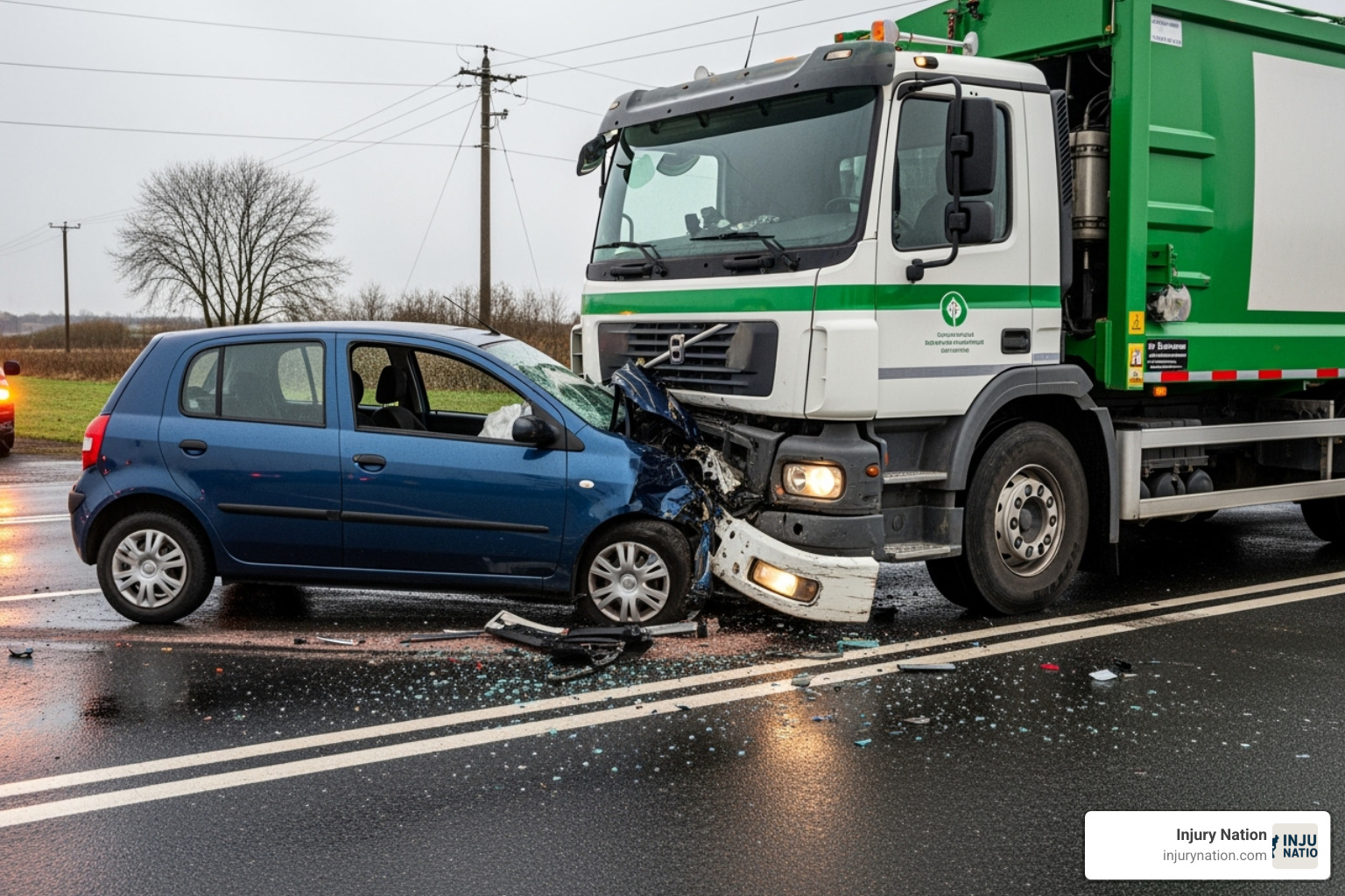 Image of a collision scene showing a smaller passenger car and a large truck - Garbage truck accident