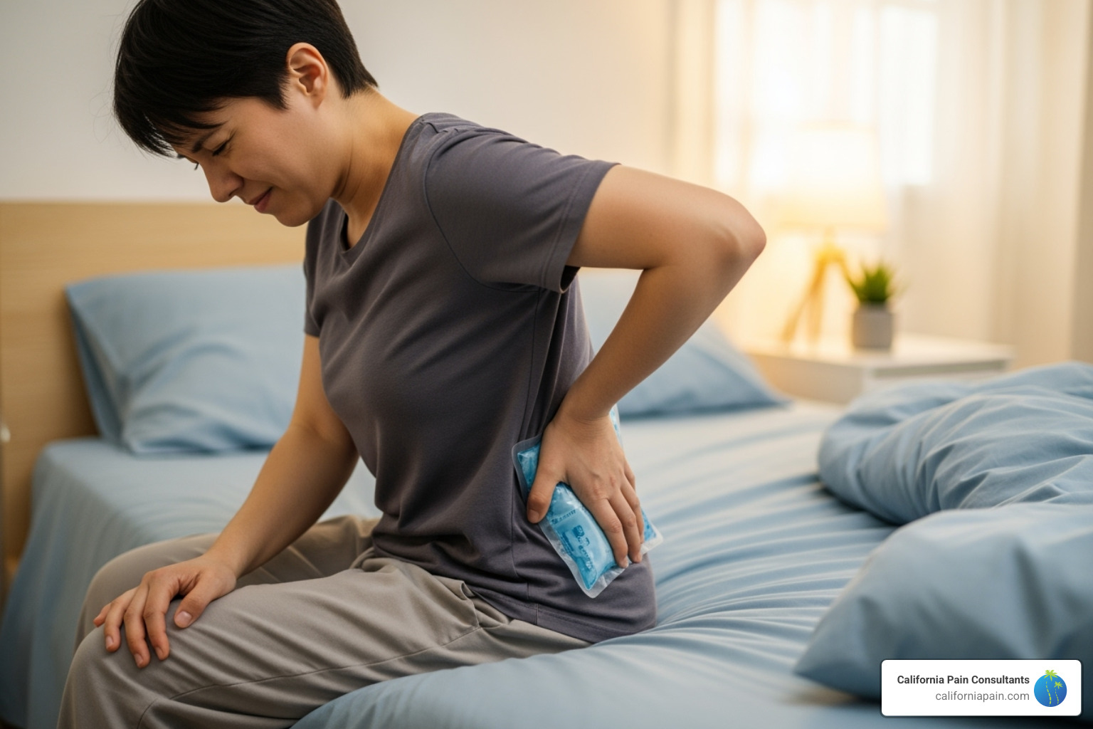 a person applying a cold pack to their lower back - how to take care of back pain at home