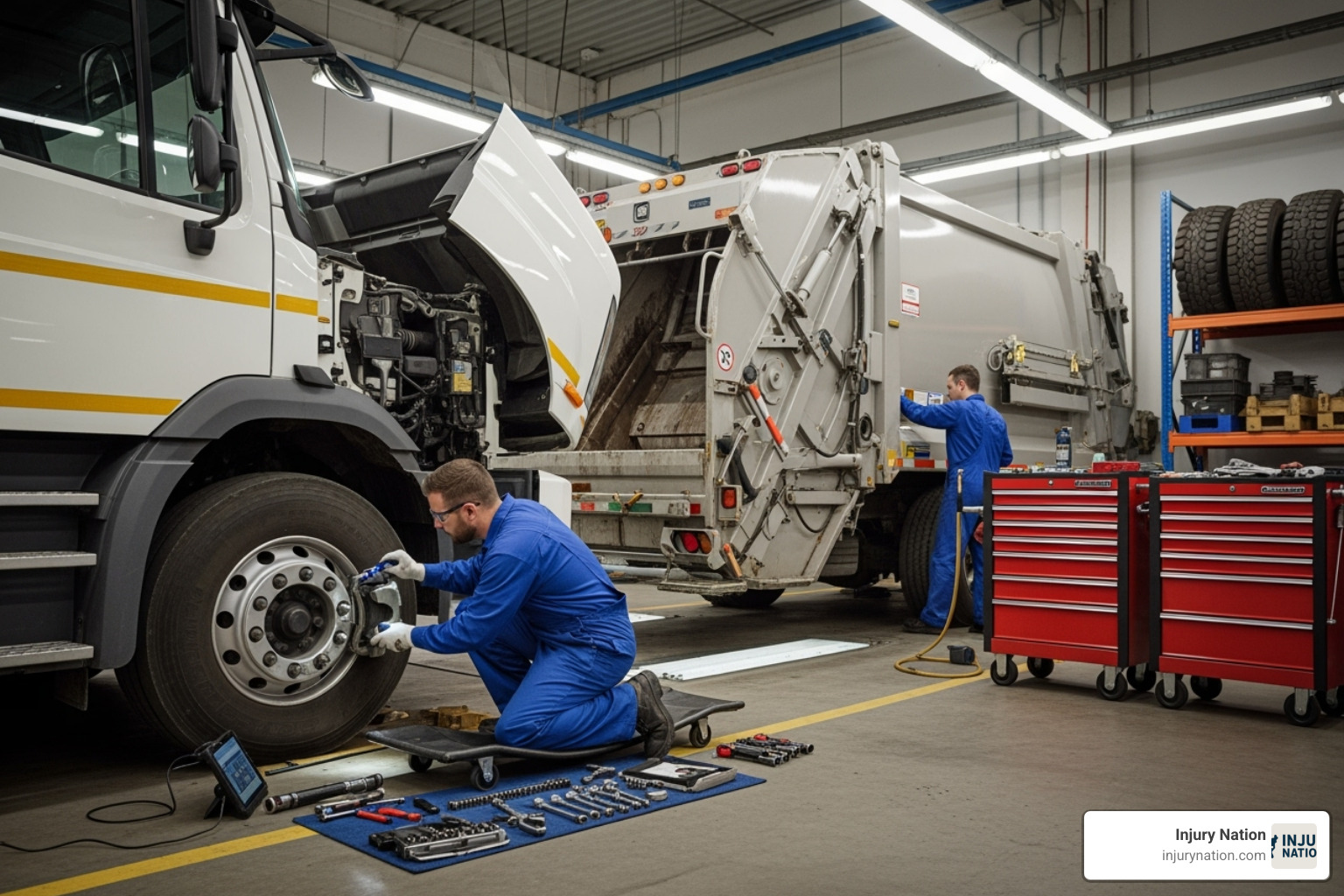 Image of a garbage truck being inspected - Garbage truck accident