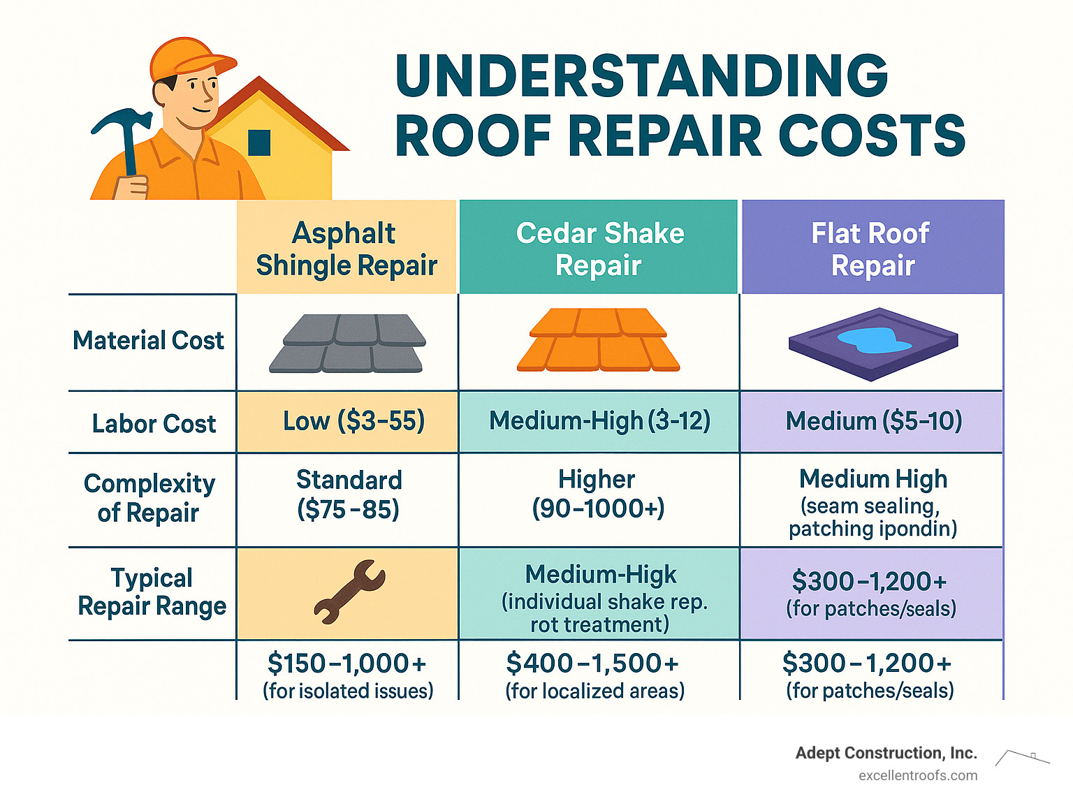 Table comparing cost factors for asphalt shingle, cedar shake, and flat roof repairs - roof repairman near me infographic 