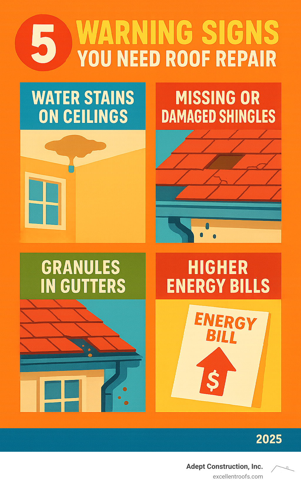 Infographic showing the 5 key warning signs that indicate you need roof repair: water stains on ceilings, missing or damaged shingles, granules in gutters, sagging roof areas, and higher energy bills - roof repairman near me infographic 