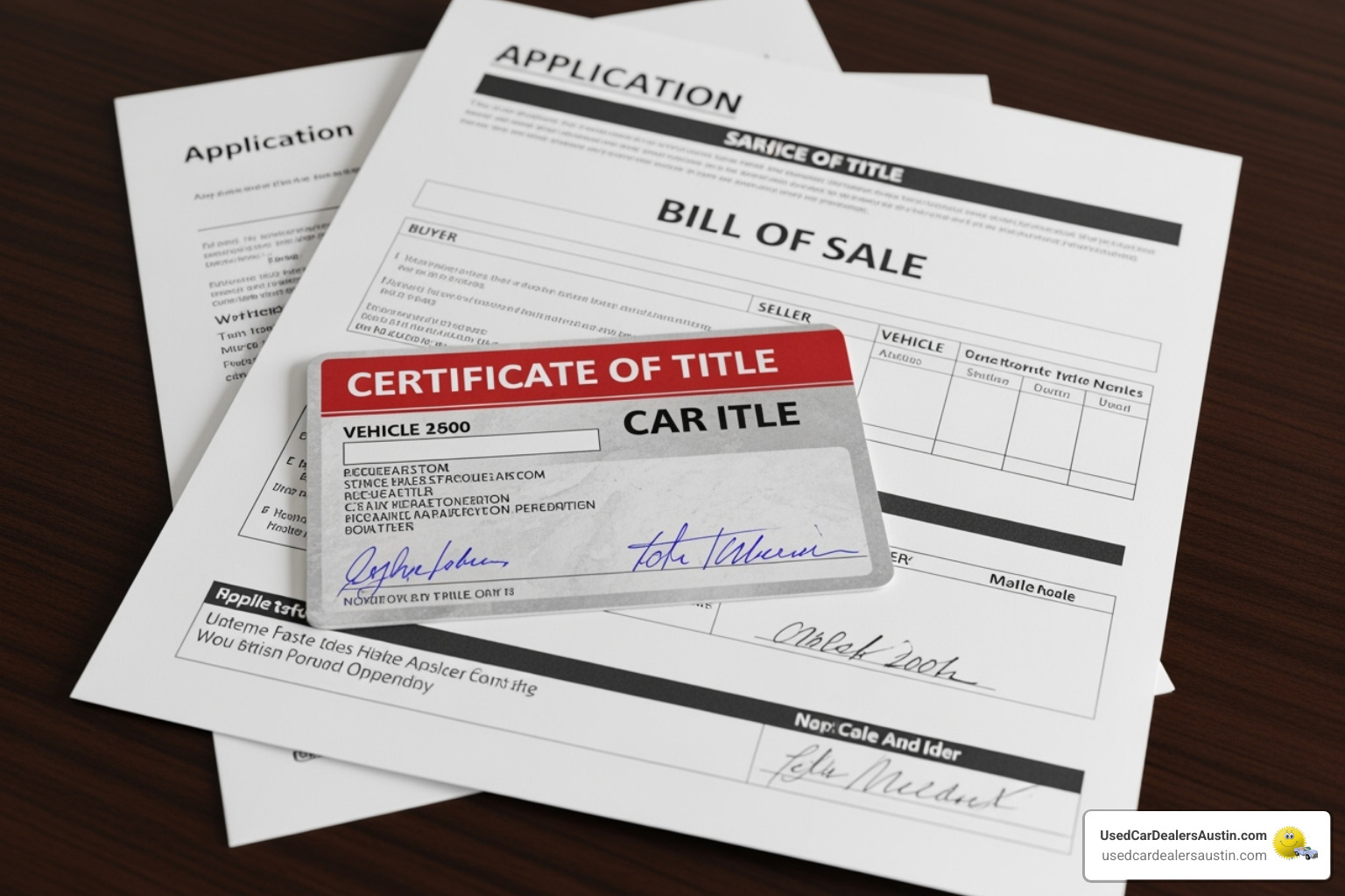A stack of documents including a car title, bill of sale, and application form - Used car title transfer