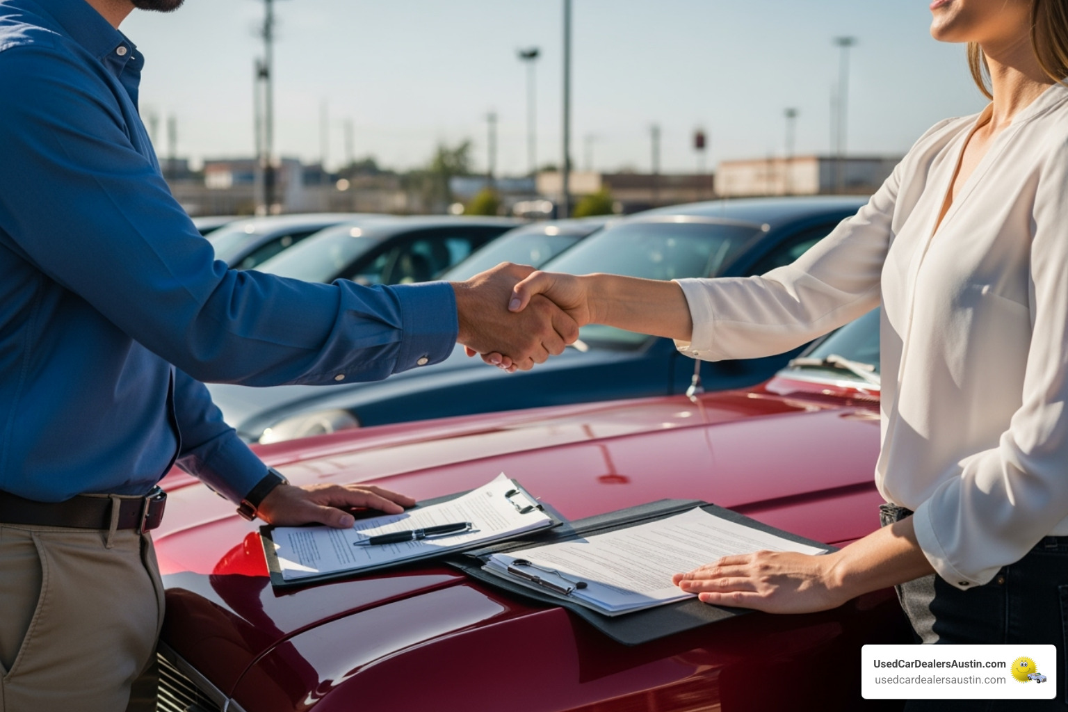 Two people shaking hands over the hood of a car with paperwork - Used car title transfer