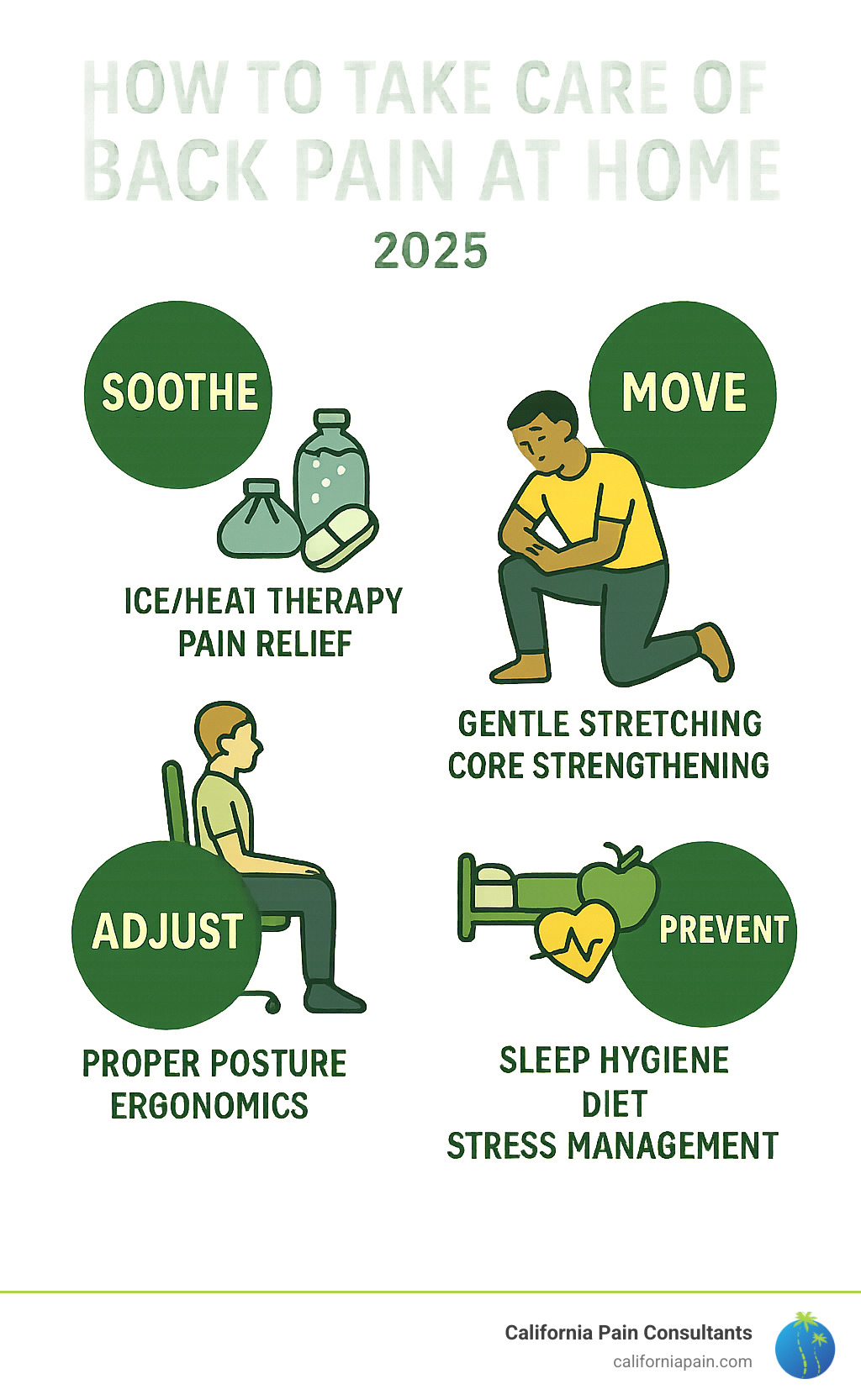Infographic showing the four pillars of at-home back pain care: Soothe (ice/heat therapy and pain relief), Move (gentle stretching and core strengthening), Adjust (proper posture and ergonomics), and Prevent (sleep hygiene, diet, and stress management) - how to take care of back pain at home infographic 