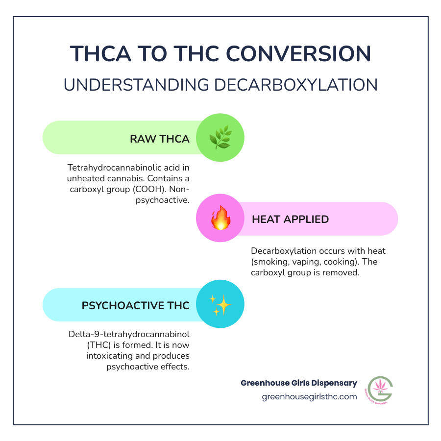 Infographic explaining the chemical conversion of non-psychoactive THCA to psychoactive THC through decarboxylation (heating). - is thca flower legal infographic infographic-line-3-steps-colors