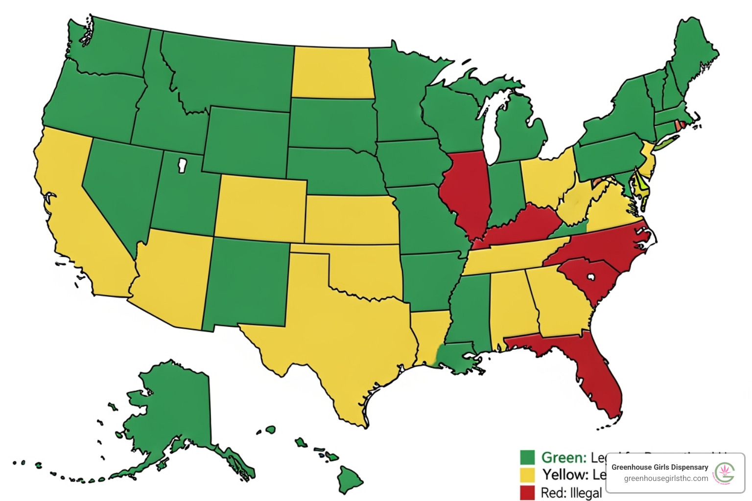 Map of the United States with states color-coded by THCA legality - is thca flower legal