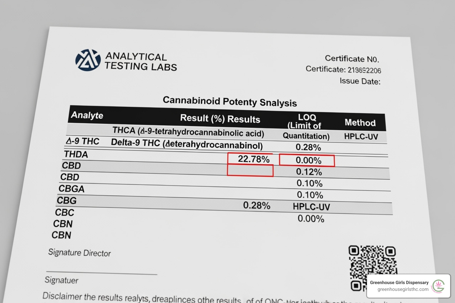 Sample Certificate of Analysis (COA) with THCA and Delta-9 THC percentages highlighted - is thca flower legal