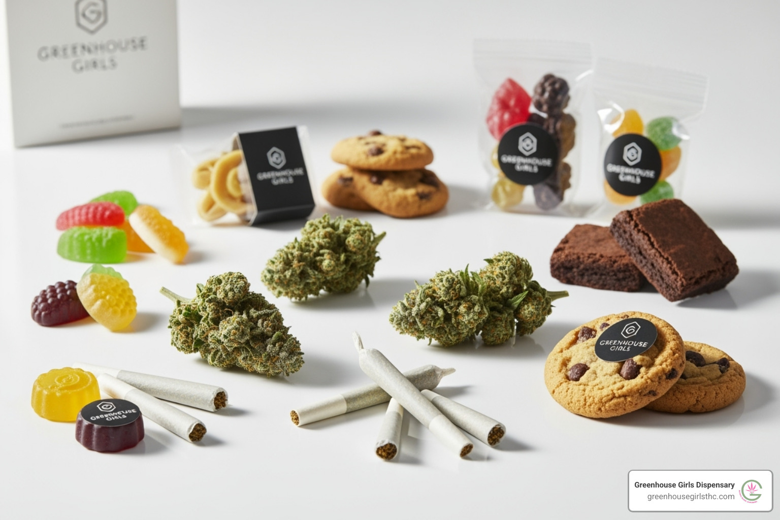 Greenhouse Girls' THCA flower, prerolls, and edibles displayed together - is thca flower legal