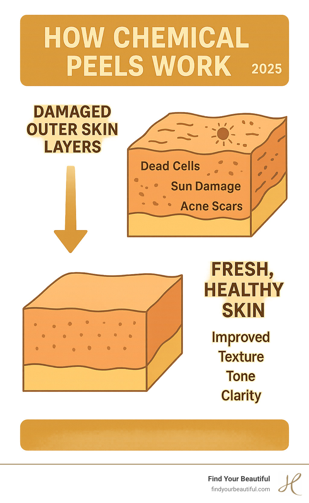 Infographic showing how chemical peels work: arrows depicting the removal of damaged outer skin layers (dead cells, sun damage, acne scars) to reveal fresh, healthy skin underneath with improved texture, tone, and clarity - chemical peel san antonio infographic 