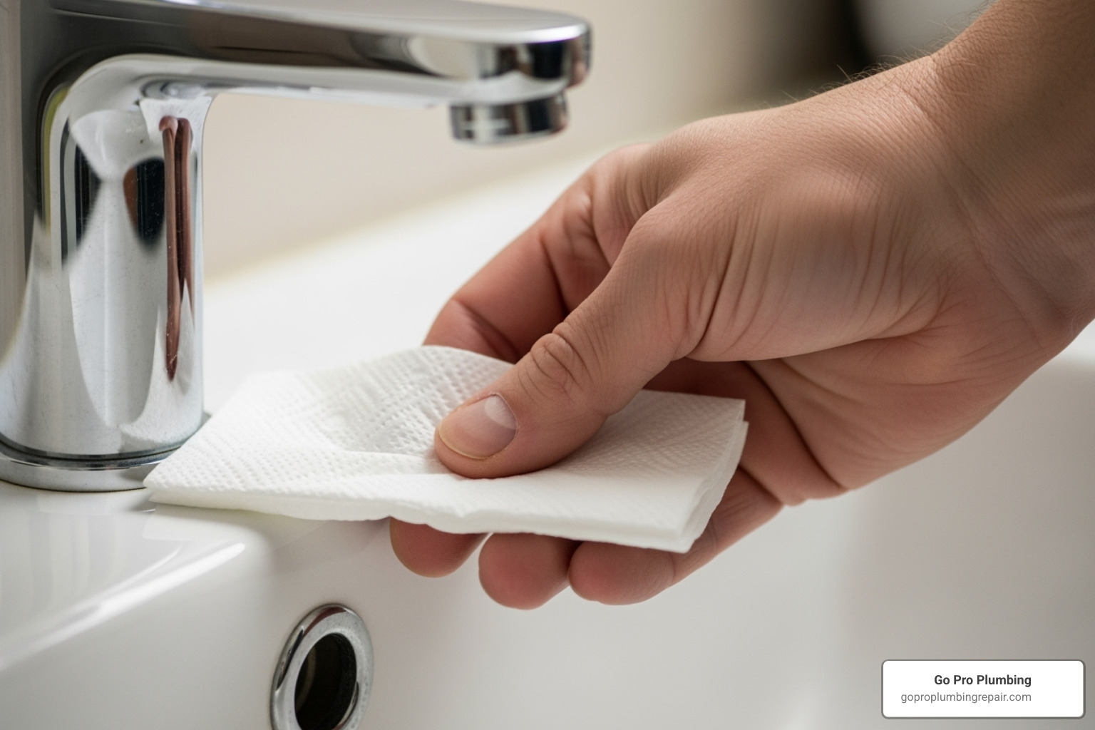 person checking for leaks with a dry paper towel - changing faucet on pedestal sink