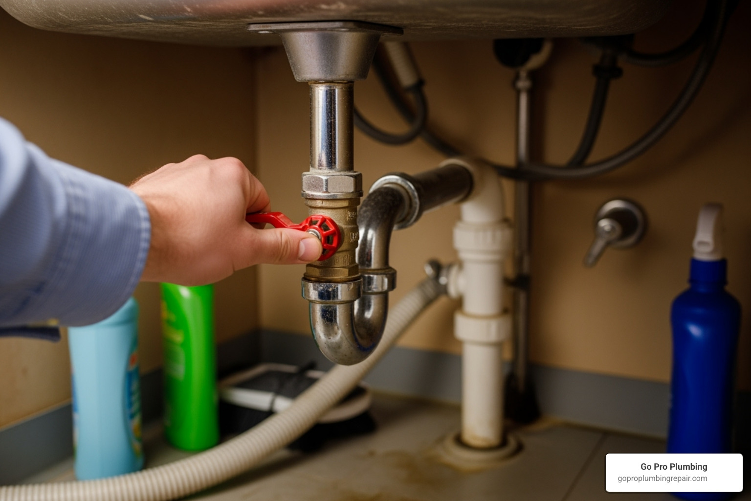 person safely turning off water shut-off valves under a sink - changing faucet on pedestal sink