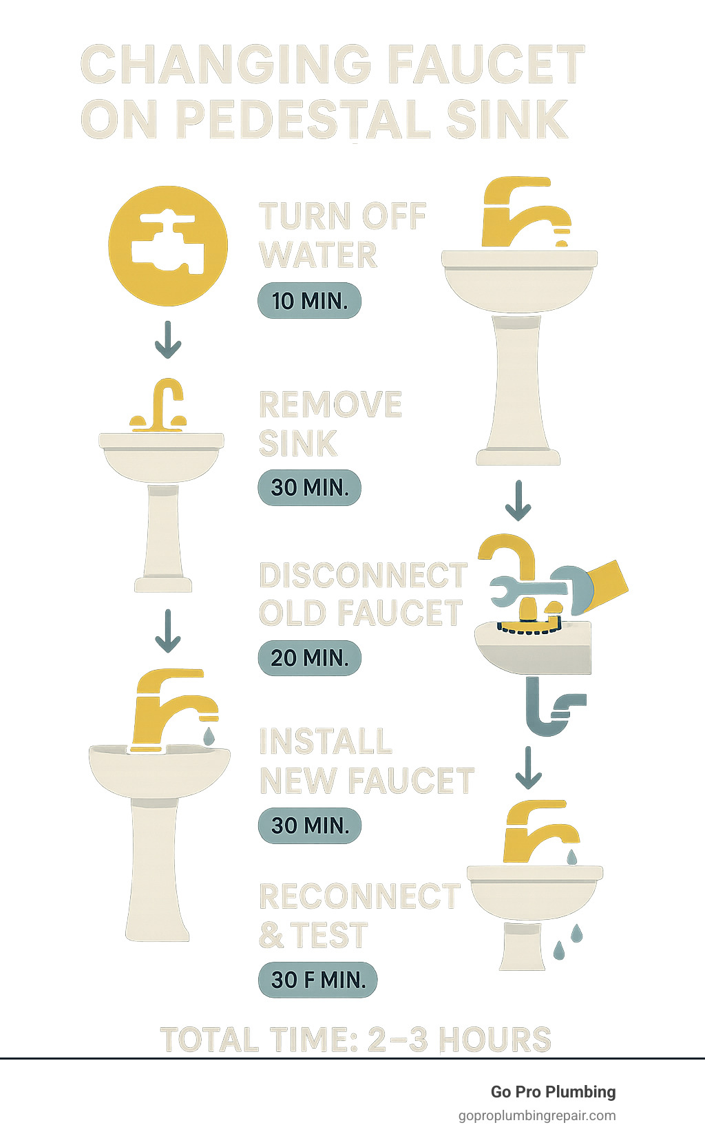 Step-by-step infographic showing the process of changing a pedestal sink faucet, including water shut-off, sink removal, old faucet disconnection, new faucet installation, and reconnection steps with time estimates for each phase - changing faucet on pedestal sink infographic 