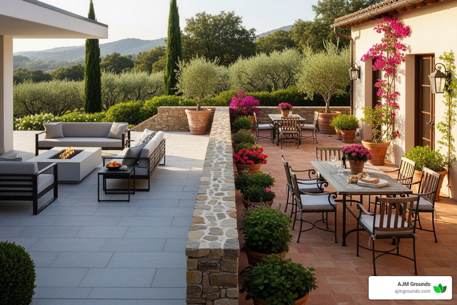 modern patio with clean lines and concrete pavers next to a Tuscan-style patio with terra cotta tiles - Beautiful patio design ideas modern patio with clean lines and concrete pavers next to a Tuscan-style patio with terra cotta tiles - Beautiful patio design ideas
