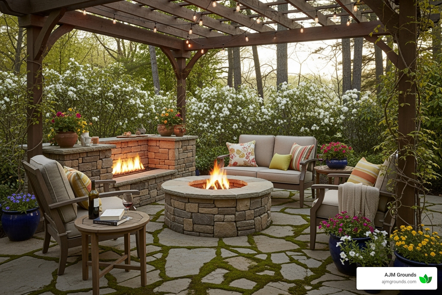 cozy patio with a built-in stone fire pit and a wooden pergola overhead - Beautiful patio design ideas cozy patio with a built-in stone fire pit and a wooden pergola overhead - Beautiful patio design ideas