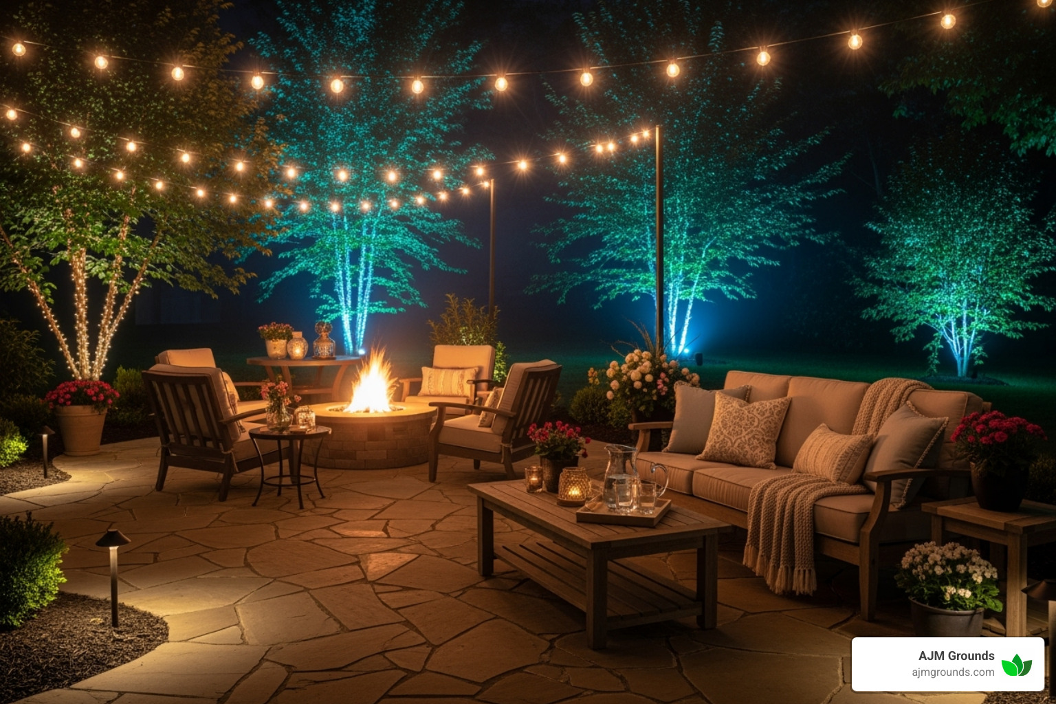 patio at night illuminated by string lights, path lights, and uplighting on surrounding trees - Beautiful patio design ideas patio at night illuminated by string lights, path lights, and uplighting on surrounding trees - Beautiful patio design ideas
